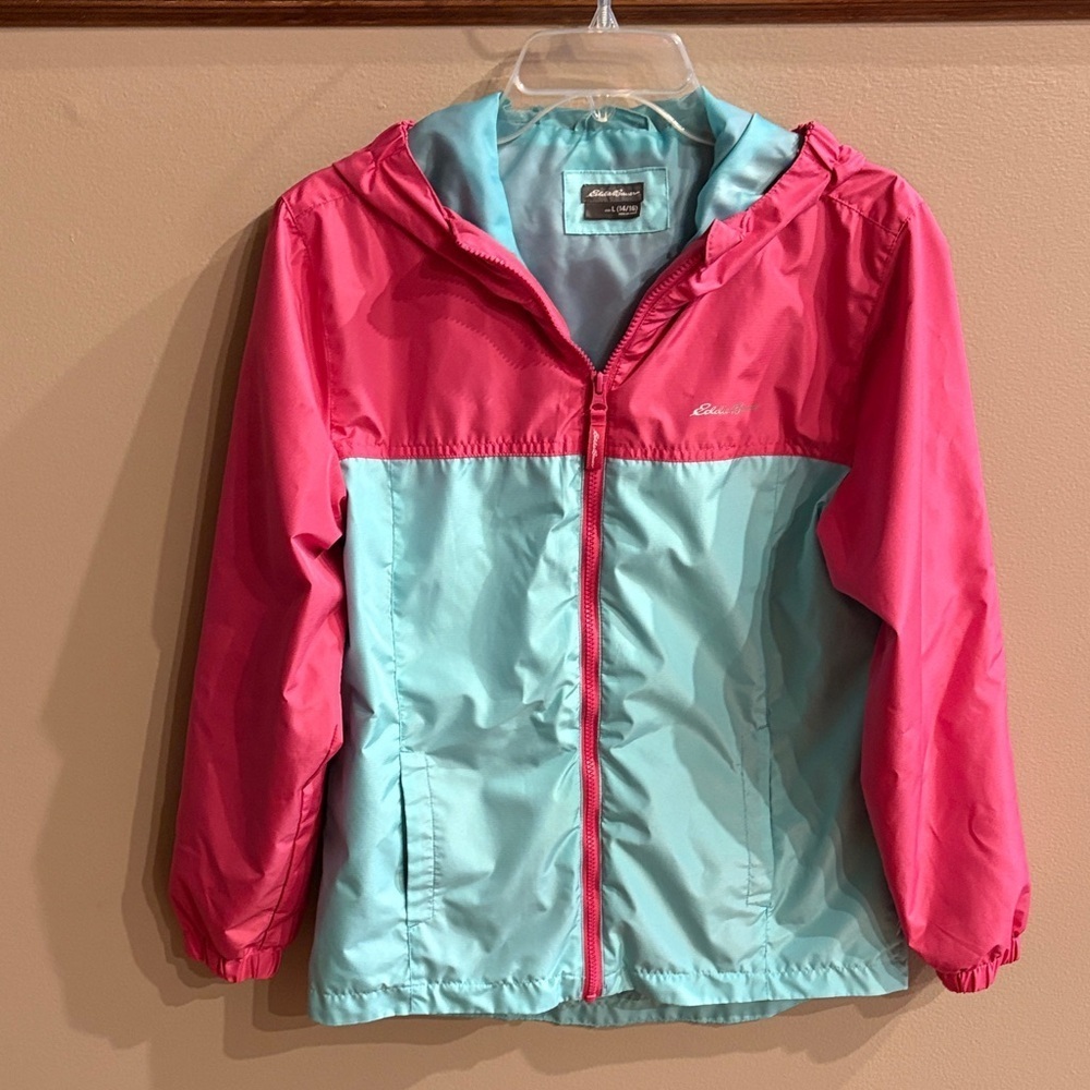 Eddie Bauer girls lightweight hooded windbreaker jacket zip up pockets pink aqua